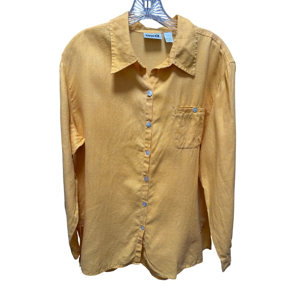 Chicos Linen Shirt Womens 2/L Yellow Button Down Long Sleeve Pocket Classic VTG